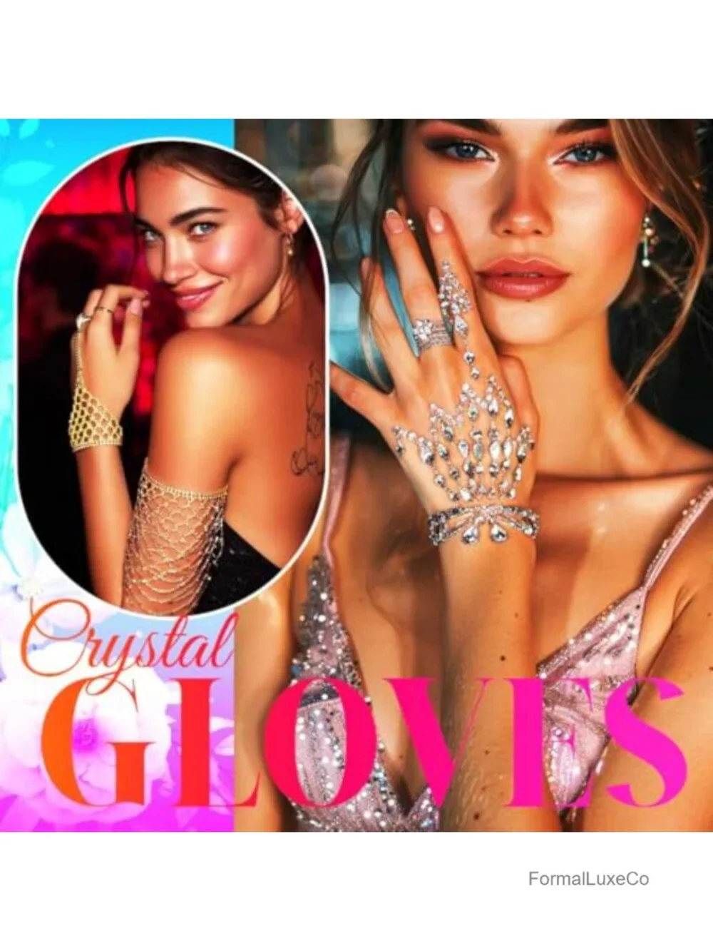 Gold Rhinestone Fingerless Gloves Bridal Wedding Gloves Crystal Prom Hand Chain